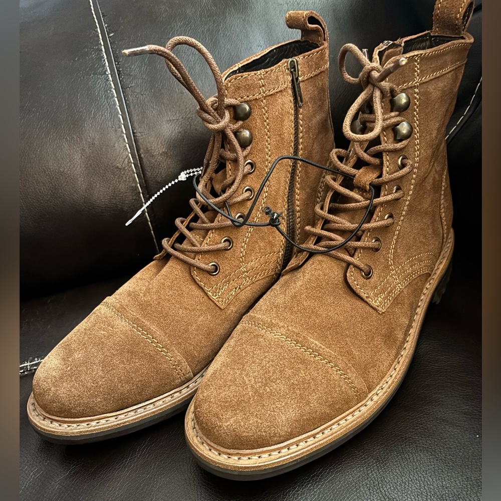 New Frye Russell Mens Side Zip Lace Up Tan Leather Suede Boots Size 10 - Picture 1 of 11